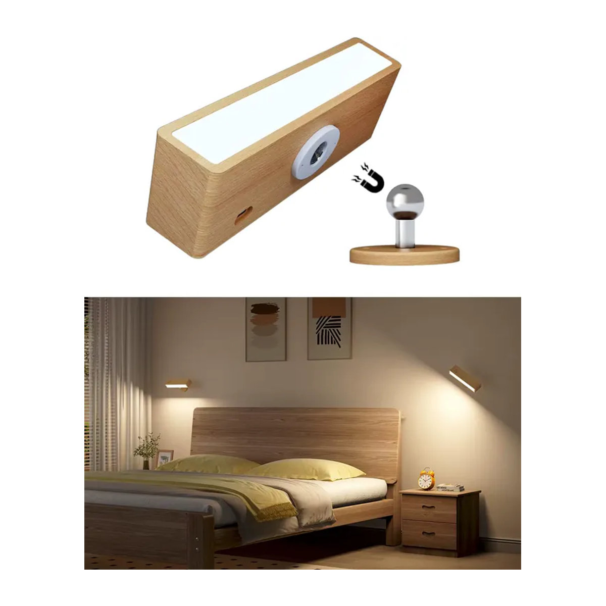 Yilaie Nordische Holz-Wandleuchte in Natur mit 360-Grad-Drehung, dimmbar und berührbar, kabellose Magnet-Wandlampe zum Lesen für dein Schlafzimmer - Bild 4