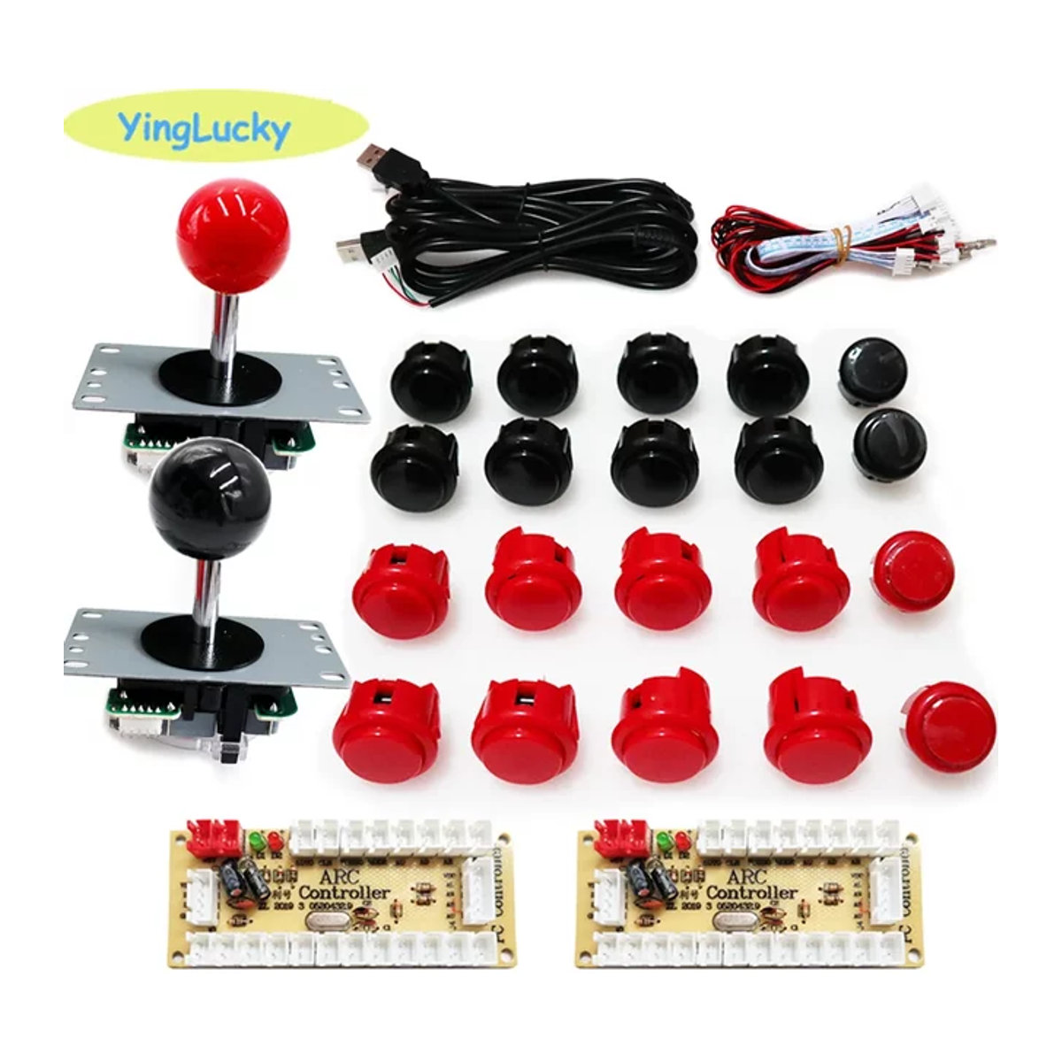 YingLucky Arcade 2-Spieler Kit mit Sanwa Joystick und Push Buttons, USB Encoder für PC und Raspberry Pi, Gelb und Bunt - Bild 1
