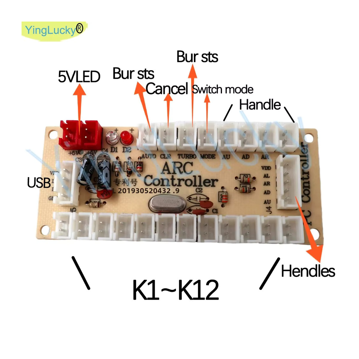 YingLucky Arcade 2-Spieler Kit mit Sanwa Joystick und Push Buttons, USB Encoder für PC und Raspberry Pi, Gelb und Bunt - Bild 2