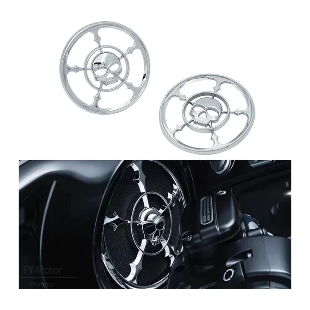YINGZHAOTENG Motorrad Lautsprecher Grill Abdeckung mit Schädel-Design in Chrom Silber für Harley Touring Electra Street Glide Trikes 4 1/2 Zoll - Bild 1