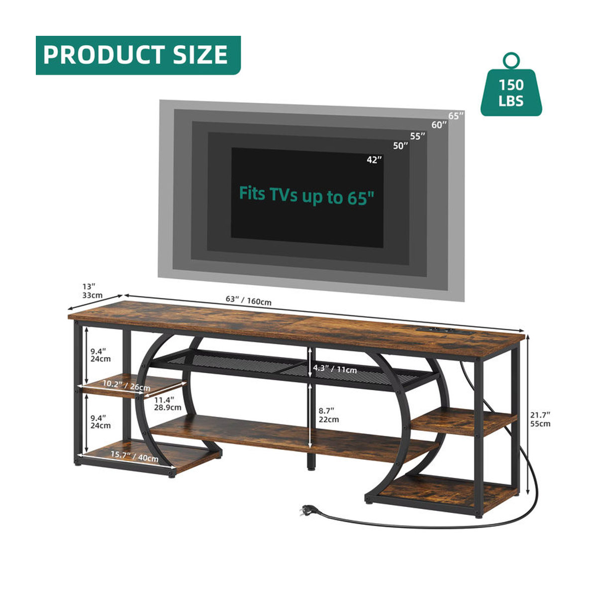 YITAHOME TV-Lowboard in Braun im Landhaus- und Industrial-Stil mit 160 cm Breite - Bild 5
