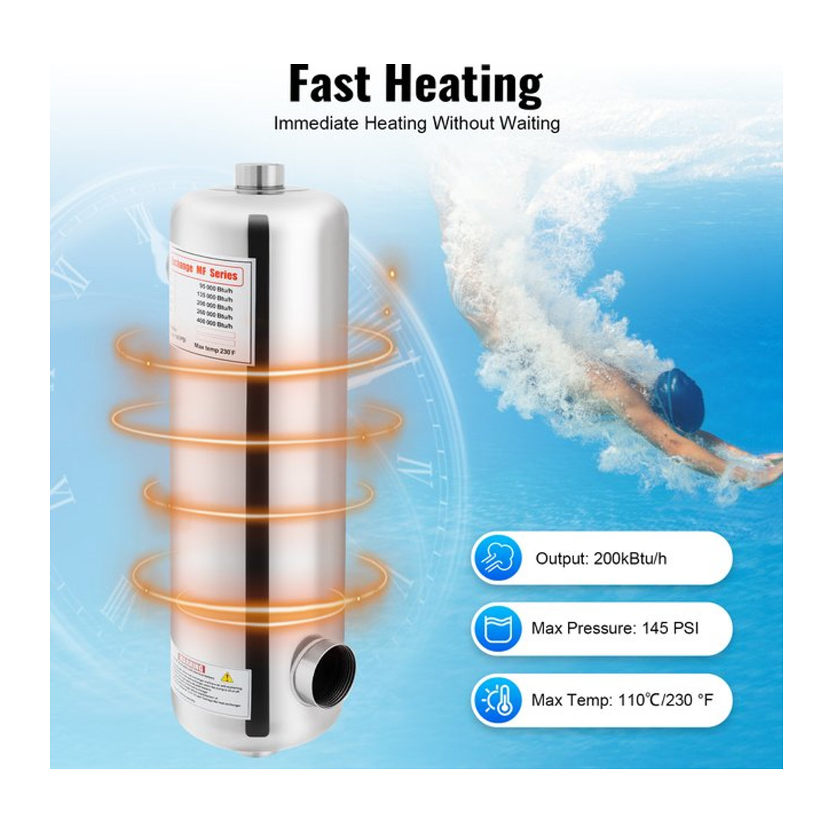 YIYIBYUS Schwimmbad-Wärmetauscher aus Edelstahl für Spas und Whirlpools, 28/60 kW, B/H: 292 x 134 mm oder 485 x 134 mm - Bild 1