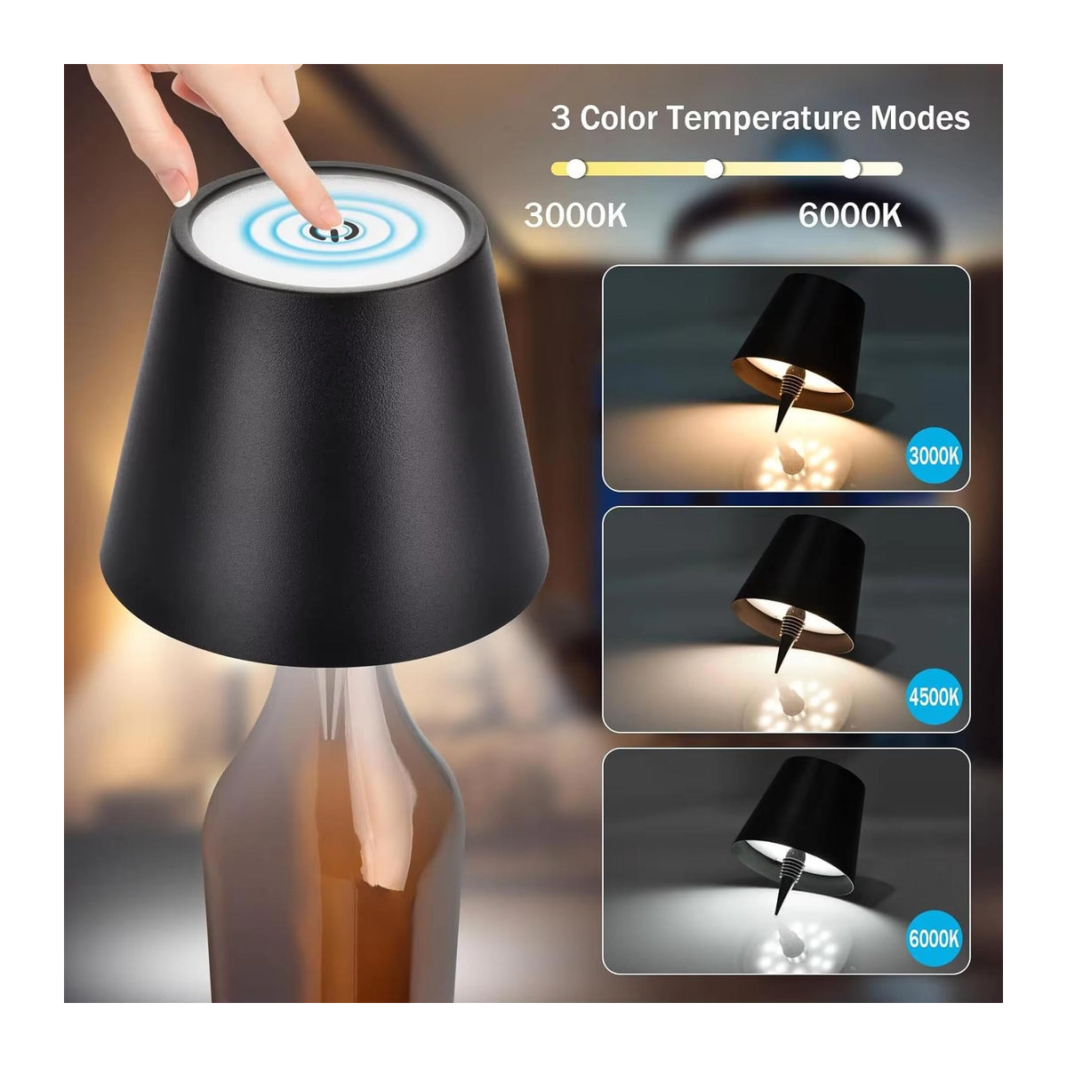 YJMP Super Lighting Kabellose LED-Weinflaschenlampe in Schwarz mit Touch-Steuerung und stufenlosem Dimmen - Bild 4