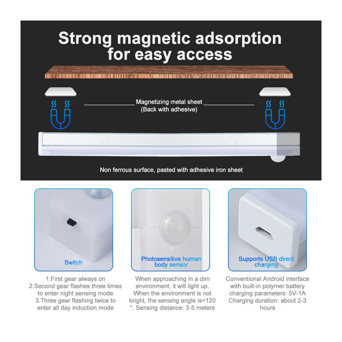 YJMP Super Lighting LED Nachtlicht mit Bewegungssensor, USB aufladbar, ultradünn und kabellos, warmweiß, Breite: 20 cm - Bild 10