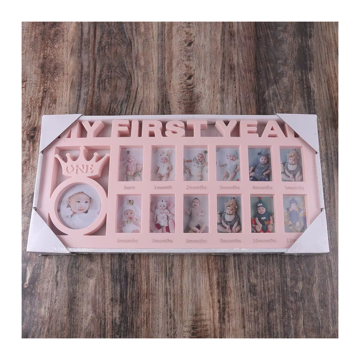 Ylsteed Baby Andenken Bilderrahmen für das erste Jahr 0-12 Monate in Rosa und Weiß aus Kunststoff zur Tischaufstellung - Bild 3