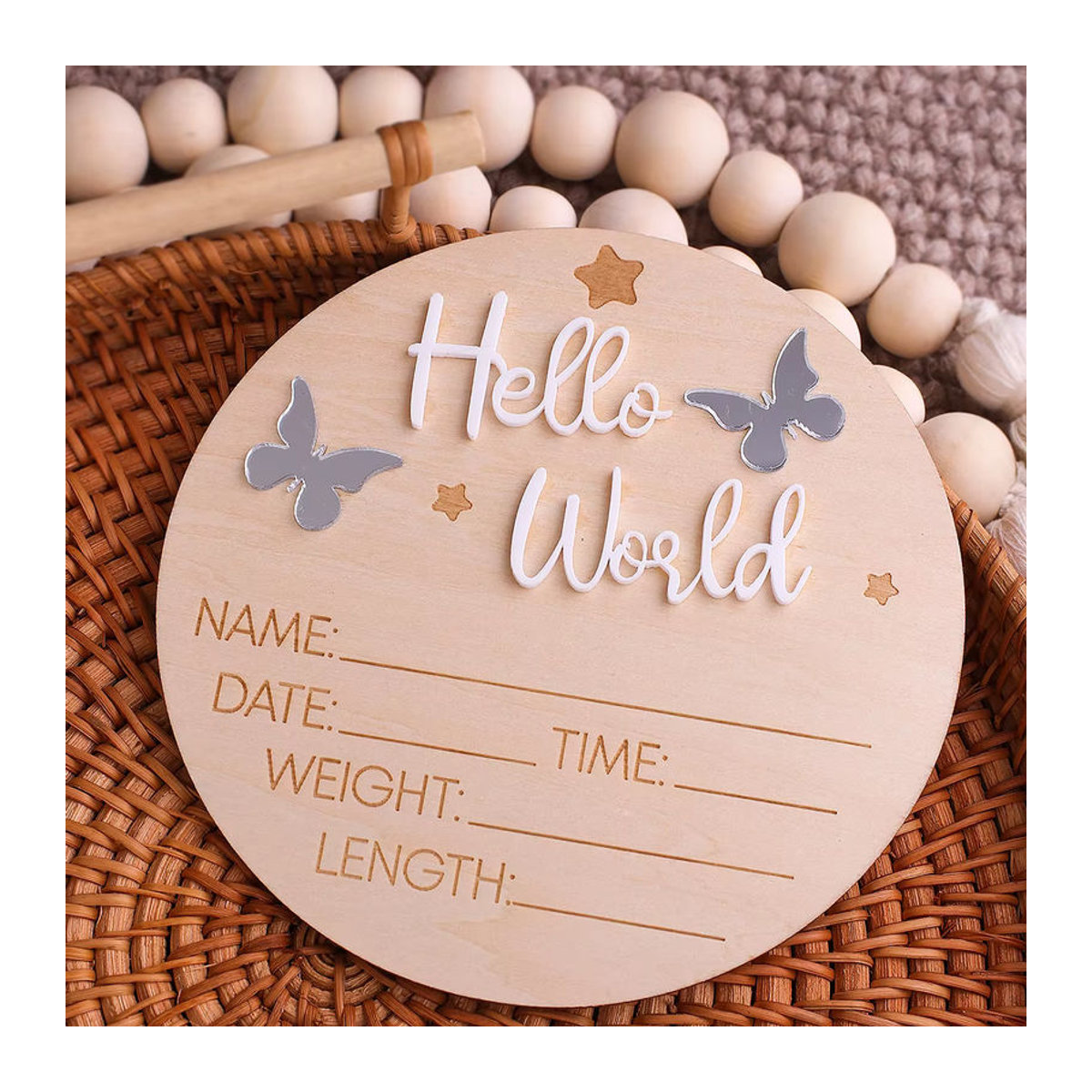 Ylsteed Hello World Neugeborenen-Schild aus Holz in Rosa und Beige mit floralem Design und Schmetterlingen für Baby-Ankündigungen und Fotoshootings - Bild 1