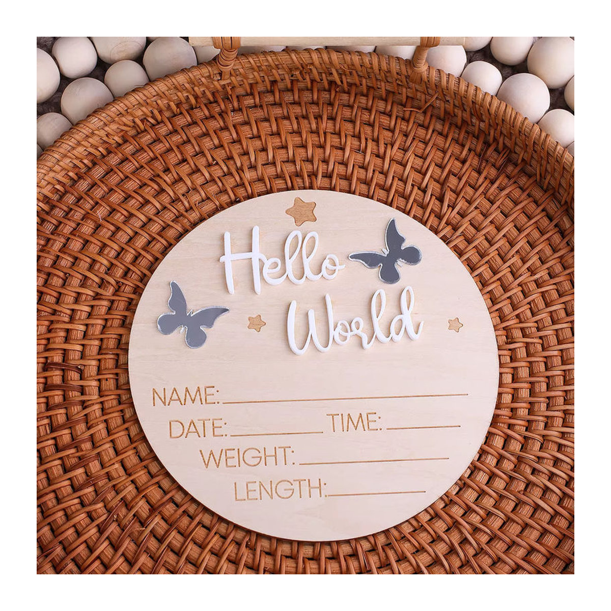 Ylsteed Hello World Neugeborenen-Schild aus Holz in Rosa und Beige mit floralem Design und Schmetterlingen für Baby-Ankündigungen und Fotoshootings - Bild 2