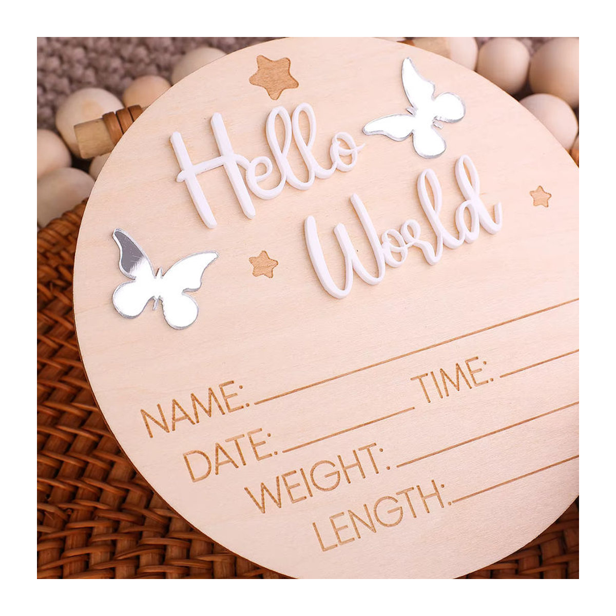 Ylsteed Hello World Neugeborenen-Schild aus Holz in Rosa und Beige mit floralem Design und Schmetterlingen für Baby-Ankündigungen und Fotoshootings - Bild 3