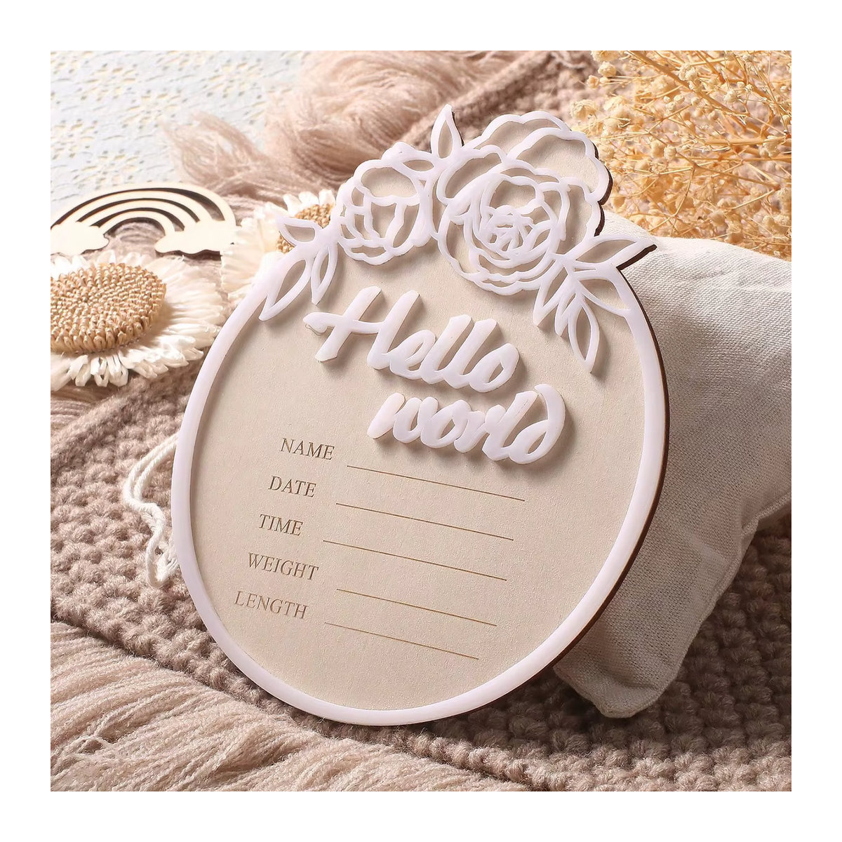 Ylsteed Meilenstein-Holzspäne für Babyfotos, gravierte Souvenirkarten aus Holz in Braun und Weiß, rund und minimalistisch gestaltet - Bild 2
