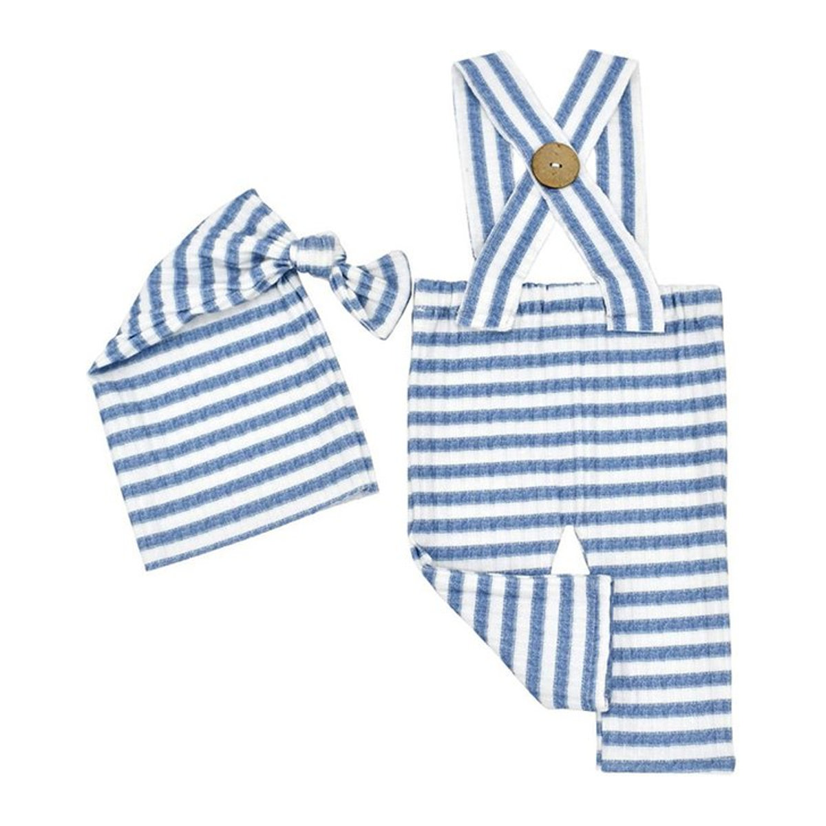 Ylsteed Neugeborenen Fotografie Requisiten Set: Gestreifter Baby Strampler mit Hut und Hosenträgern in Blau im maritimen Design - Bild 1