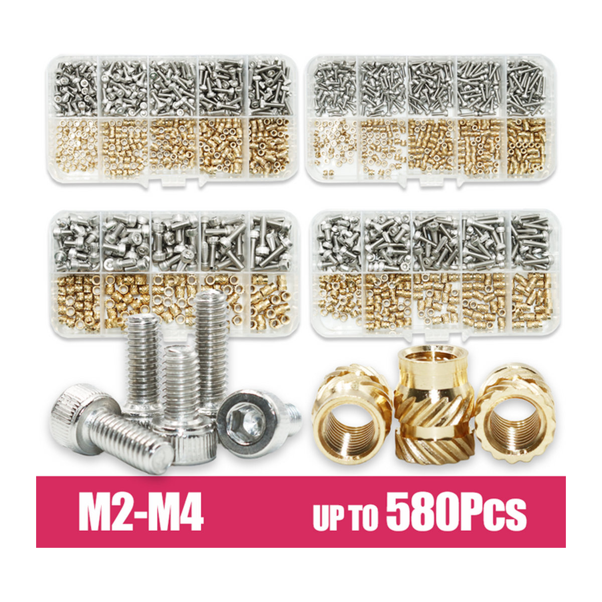 YMAX Messing-Wärmeeinsatzmutter und Edelstahl-Inbusschraube Set für Kunststoffgehäuse in M2 M2,5 M3 M4 - Bild 1