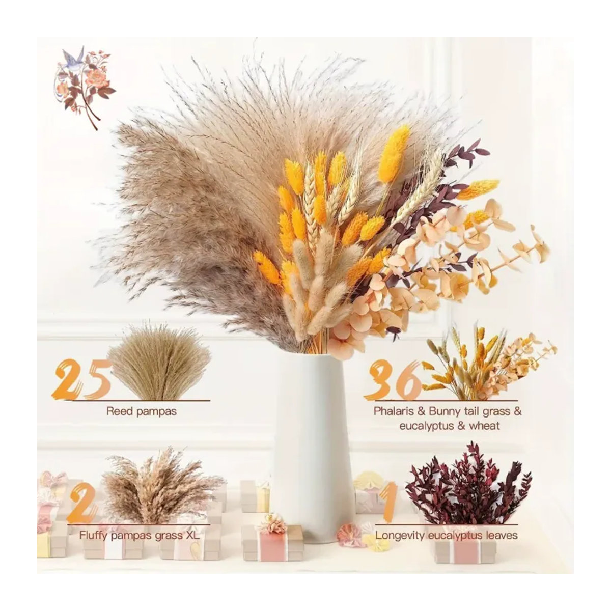 YN HI FLOWER ENJOY YOUR LIFE Pampasgras Bouquet Beige - Getrocknete Blumen für Boho-Dekoration, Hochzeit und Heimarrangement - Bild 2