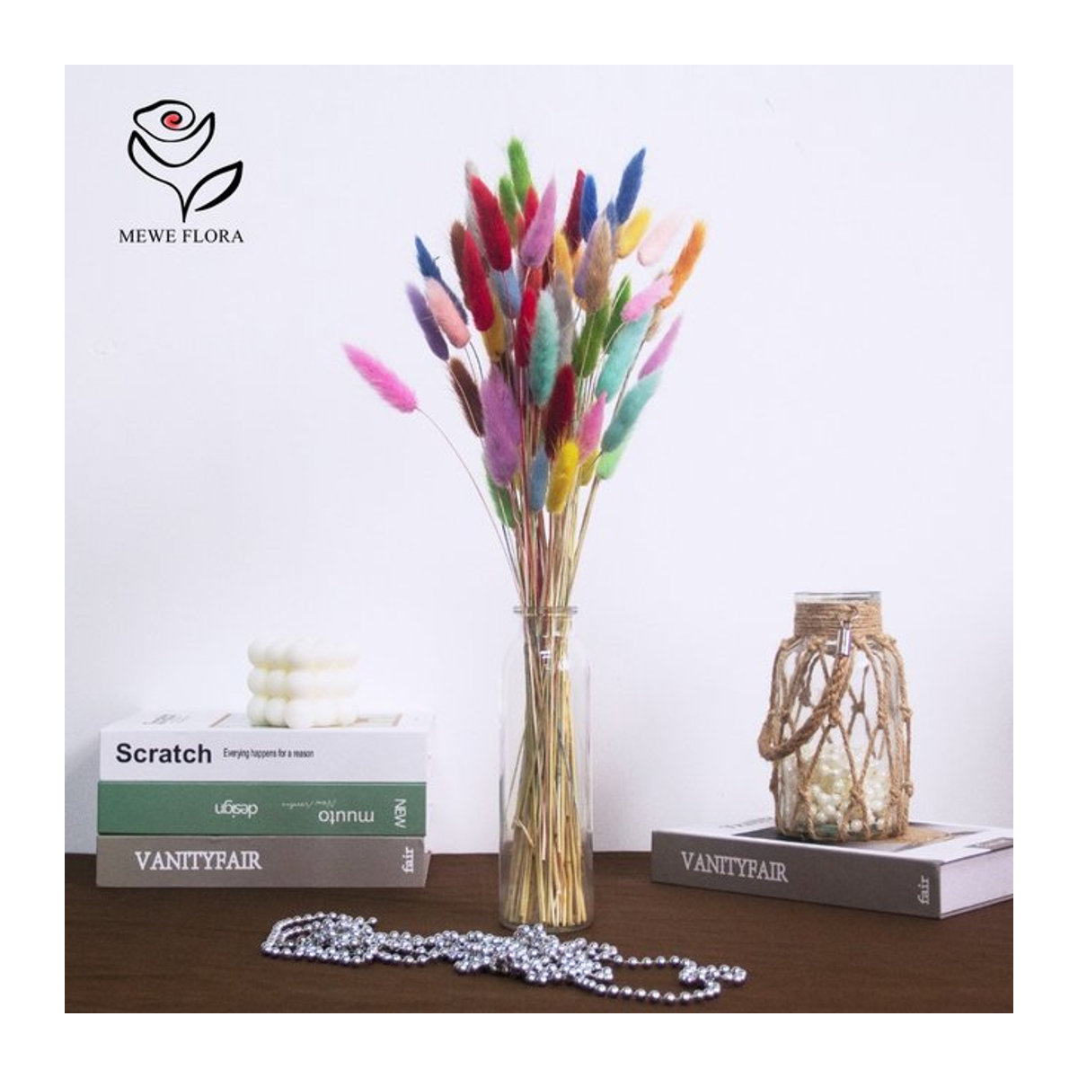 YN HI FLOWER ENJOY YOUR LIFE Trockener Lagurus Ovatus Blumenstrauß mit 60 Stielen, mehrfarbig und beige, Boho-Deko für Hochzeit und Zuhause - Bild 1