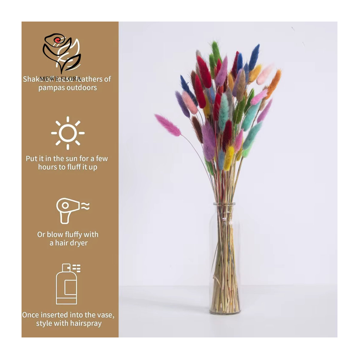 YN HI FLOWER ENJOY YOUR LIFE Trockener Lagurus Ovatus Blumenstrauß mit 60 Stielen, mehrfarbig und beige, Boho-Deko für Hochzeit und Zuhause - Bild 6