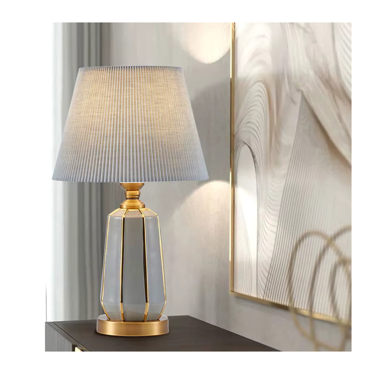 Ynhaw Keramik Schreibtischlampe in Grau mit Stoffschirm im modernen skandinavischen Design - Bild 4