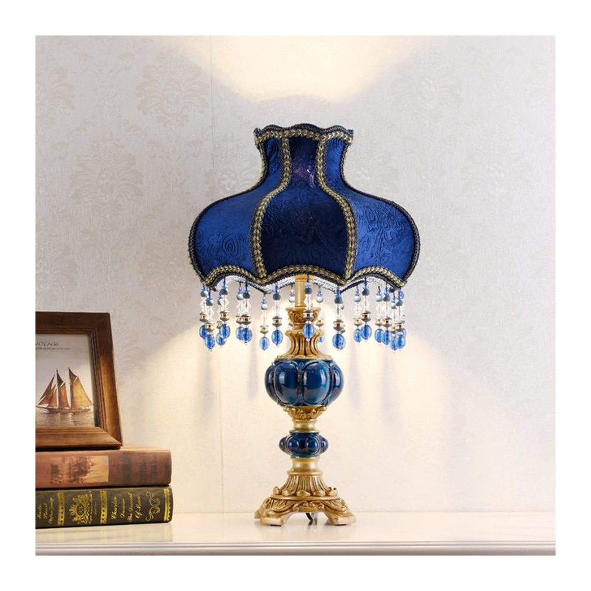 Ynhaw Nachttischlampe aus blauem Samt im Retro-Design mit warmweißem Licht - Bild 1