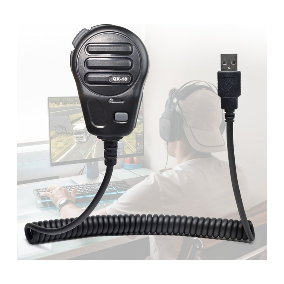 YNIBST QX-18 USB-Handlautsprecher-Mikrofon für Euro-LKW-Simulator mit Ptt-Unterstützung und Mikrofonhalter, Schwarz - Bild 1