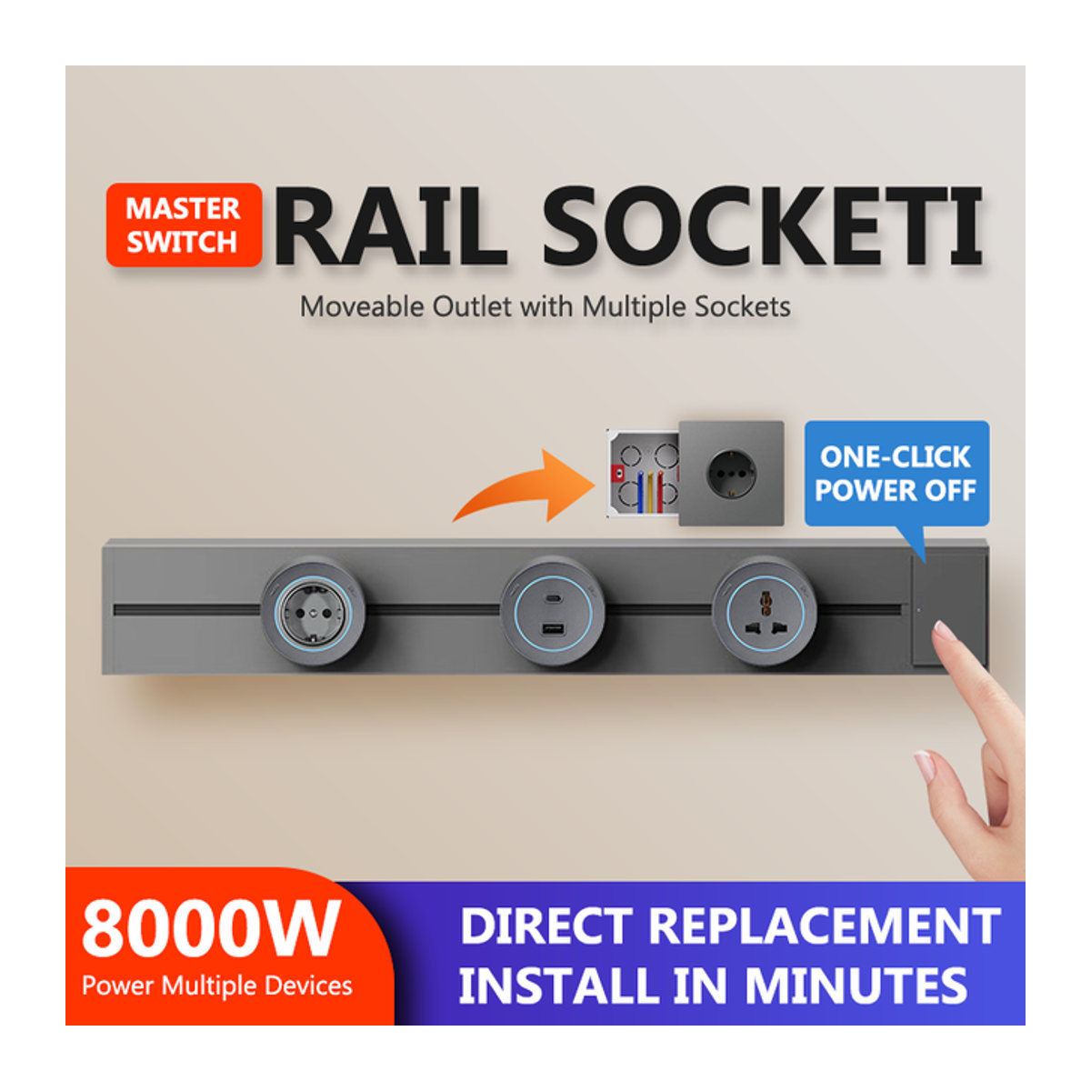 YNKA Universal Steckdosenleiste mit Schalter und USB-Anschlüssen in Grau, Minimalistisches Design mit abnehmbarem Adapter für EU, US und UK Standards - Bild 1