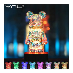 YNL 3D LED Nachtlicht Bär mit Feuerwerk-Projektor und Holzfuß, farblich veränderbare USB Nachttischlampe für die Desktop-Dekoration, Bunt
