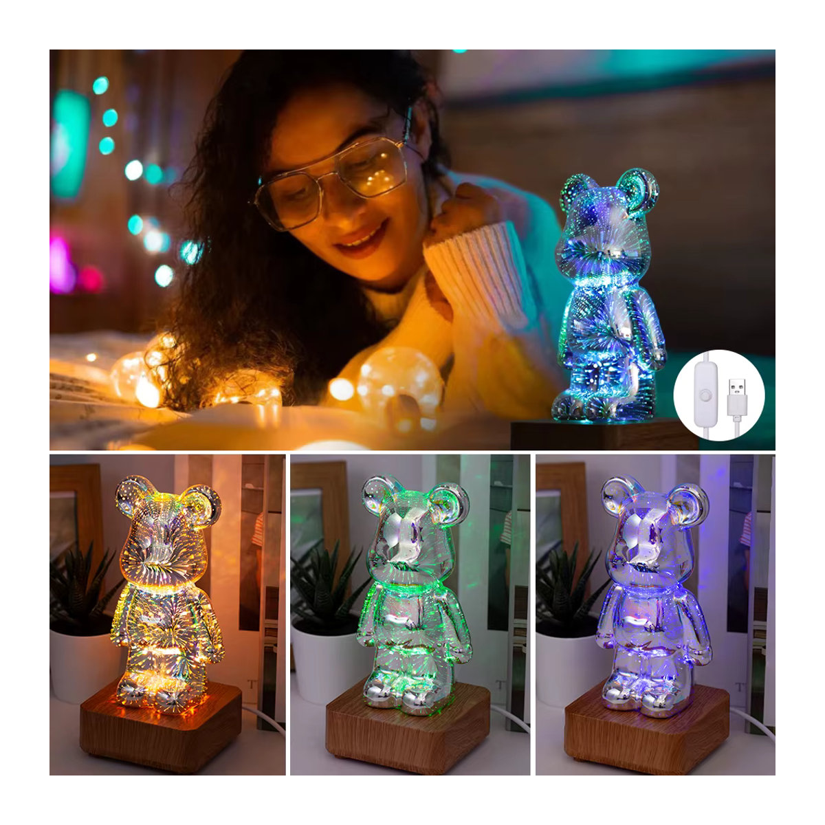 YNL 3D LED Nachtlicht Bär mit Feuerwerk-Projektor und Holzfuß, farblich veränderbare USB Nachttischlampe für die Desktop-Dekoration, Bunt - Bild 2