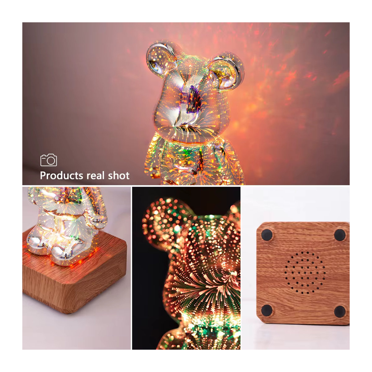 YNL 3D LED Nachtlicht Bär mit Feuerwerk-Projektor und Holzfuß, farblich veränderbare USB Nachttischlampe für die Desktop-Dekoration, Bunt - Bild 3