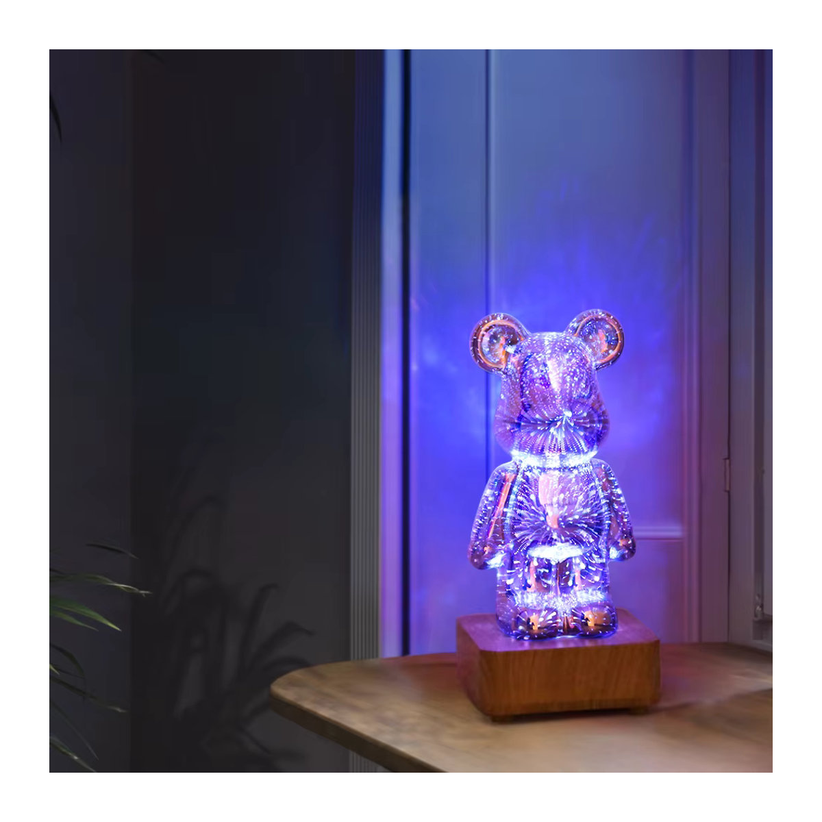YNL 3D LED Nachtlicht Bär mit Feuerwerk-Projektor und Holzfuß, farblich veränderbare USB Nachttischlampe für die Desktop-Dekoration, Bunt - Bild 4
