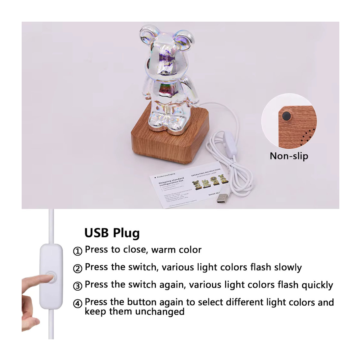 YNL 3D LED Nachtlicht Bär mit Feuerwerk-Projektor und Holzfuß, farblich veränderbare USB Nachttischlampe für die Desktop-Dekoration, Bunt - Bild 5