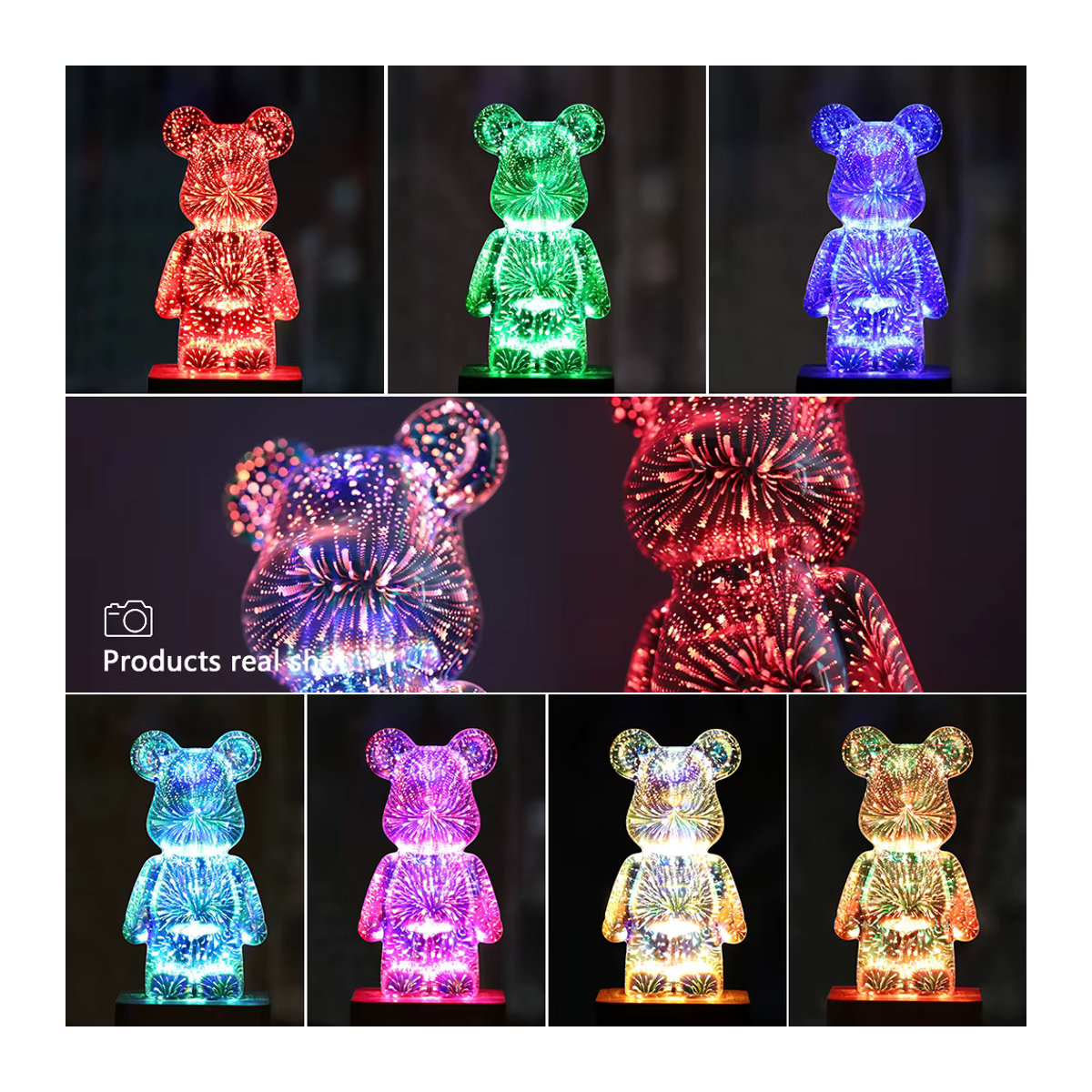 YNL 3D LED Nachtlicht Bär mit Feuerwerk-Projektor und Holzfuß, farblich veränderbare USB Nachttischlampe für die Desktop-Dekoration, Bunt - Bild 6
