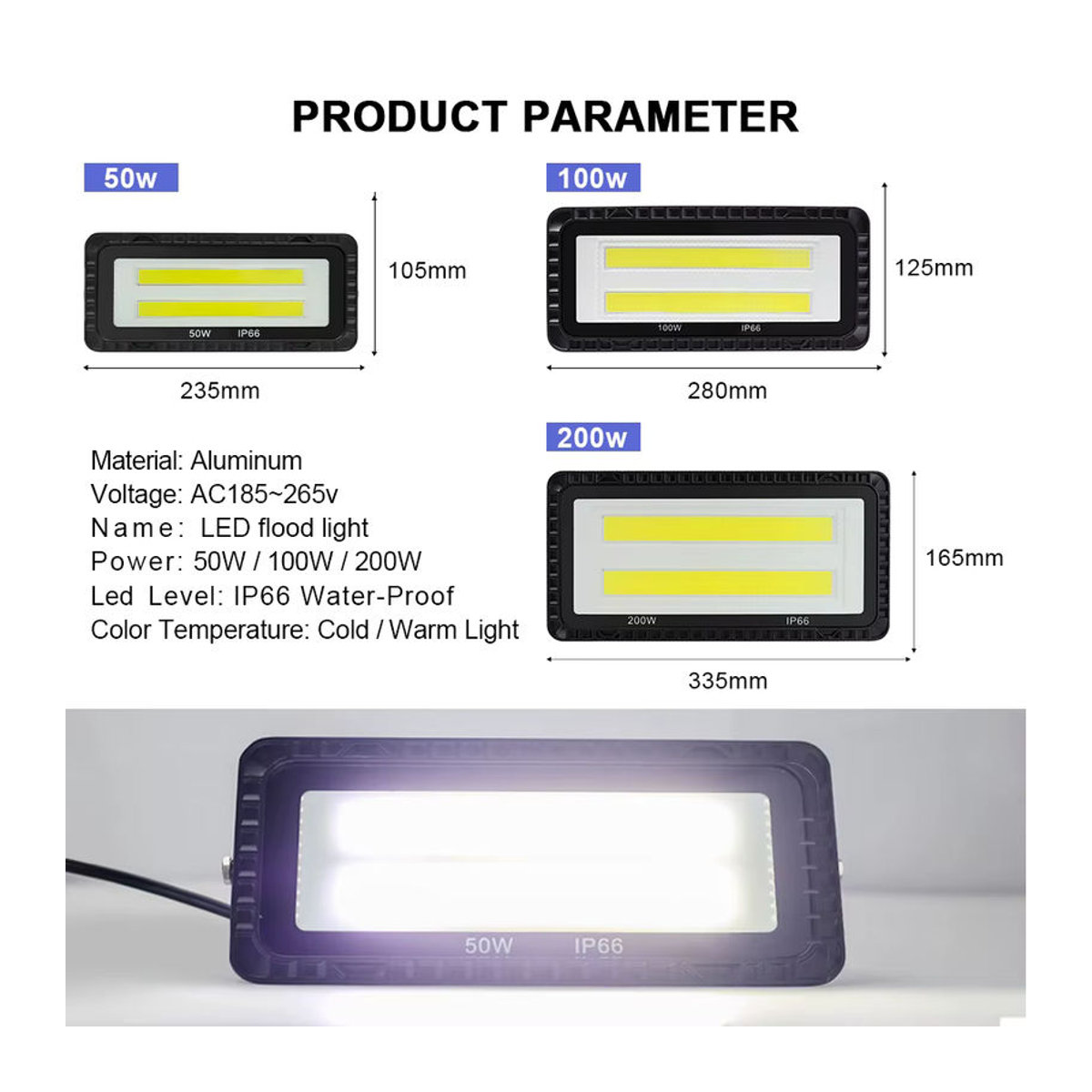 YNL LED Außenstrahler IP66 Wasserdichter COB Flutlicht Scheinwerfer aus Aluminium in Schwarz - Bild 2
