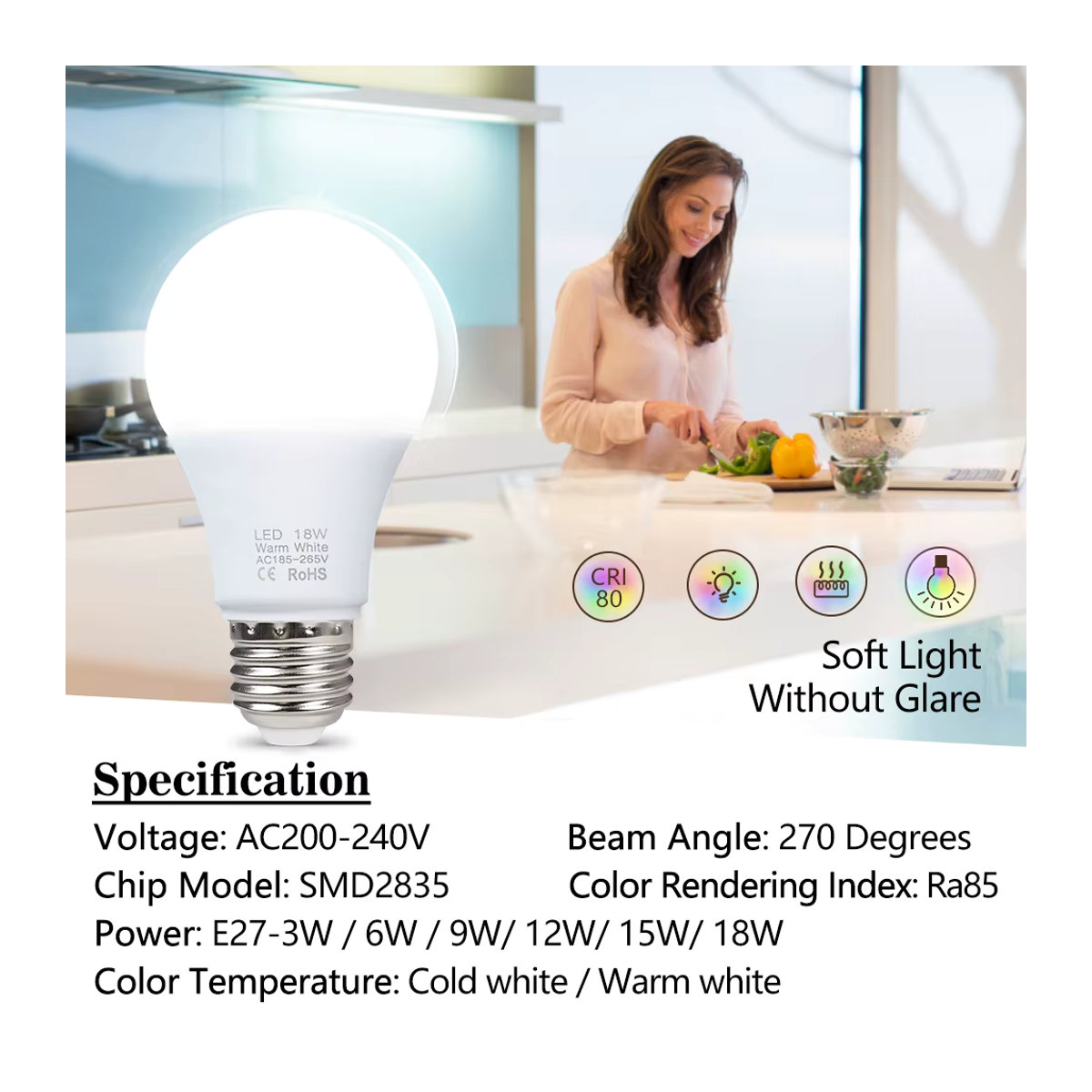 YNL LED-Lampe E27 mit hoher Helligkeit in Weiß, 18W - Bild 5
