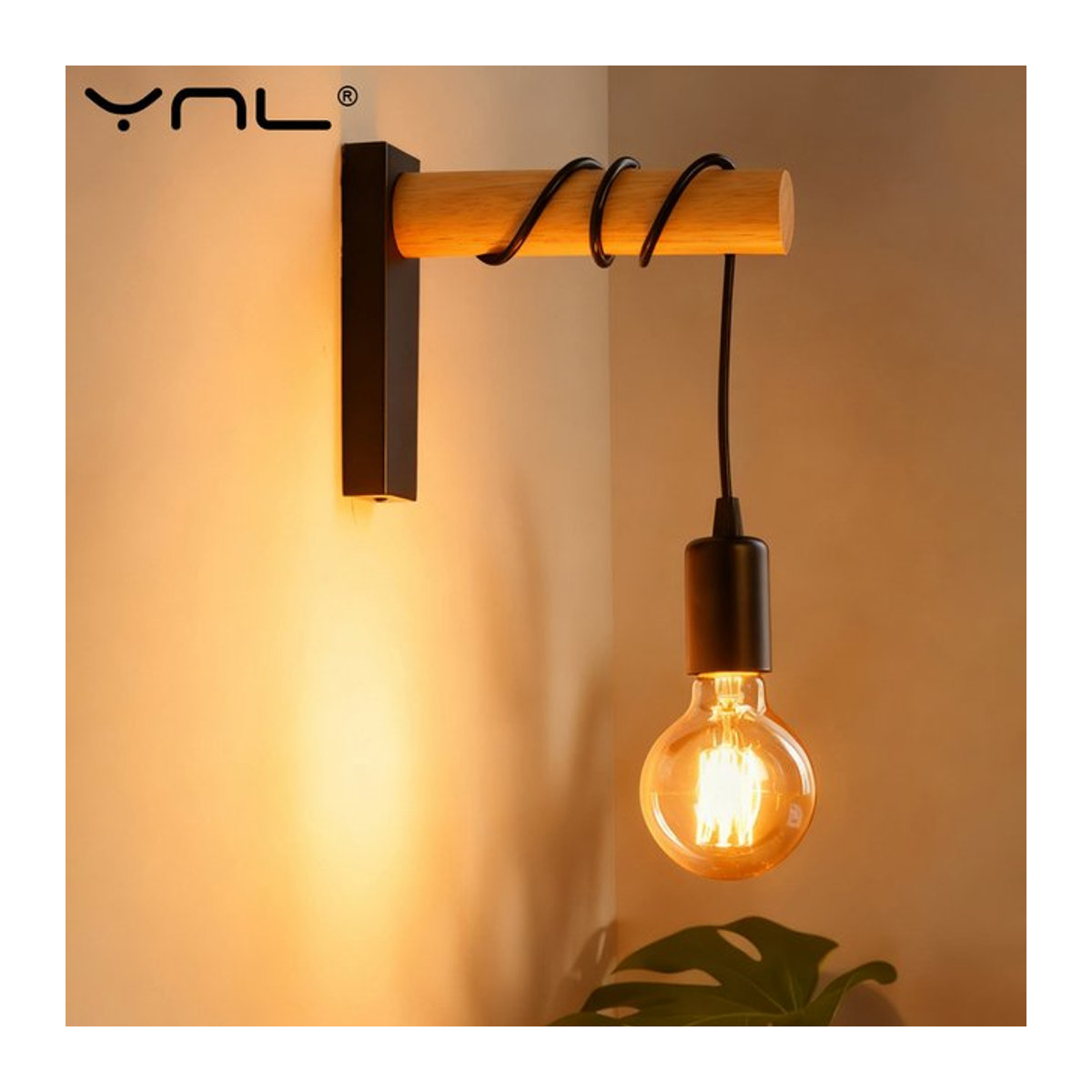 YNL Vintage Retro Wandleuchte aus Holz in Natur mit E27 Fassung im Industrial Design - Bild 1
