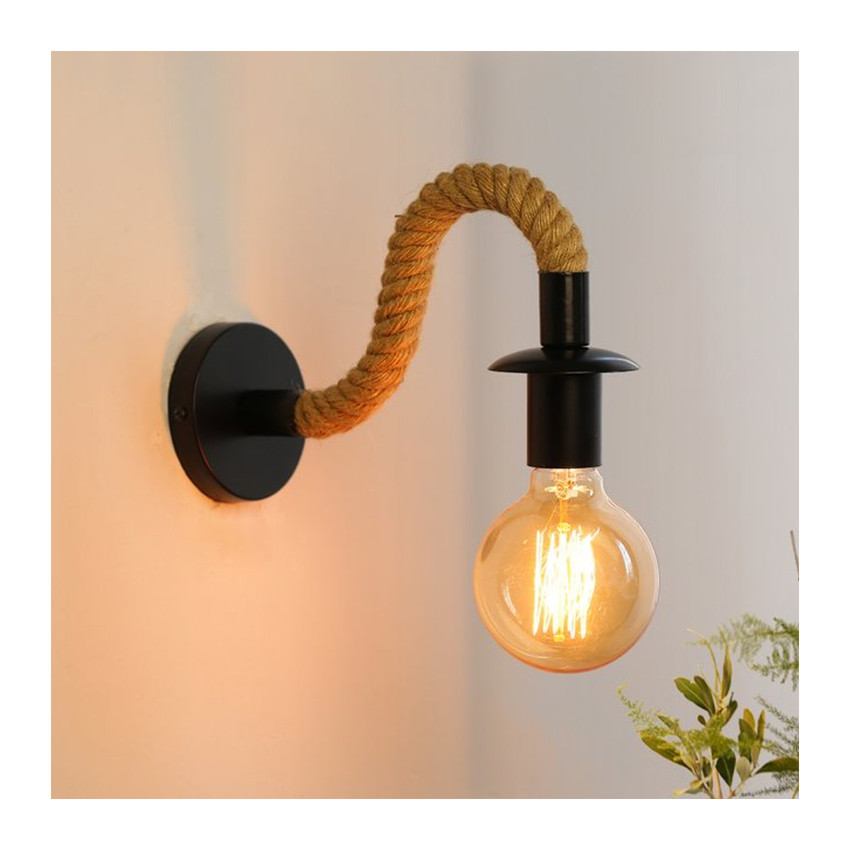 YNL Vintage Wandleuchte im Industrial Design mit Hanfseil und E27 Fassung, Schwarz - Bild 1