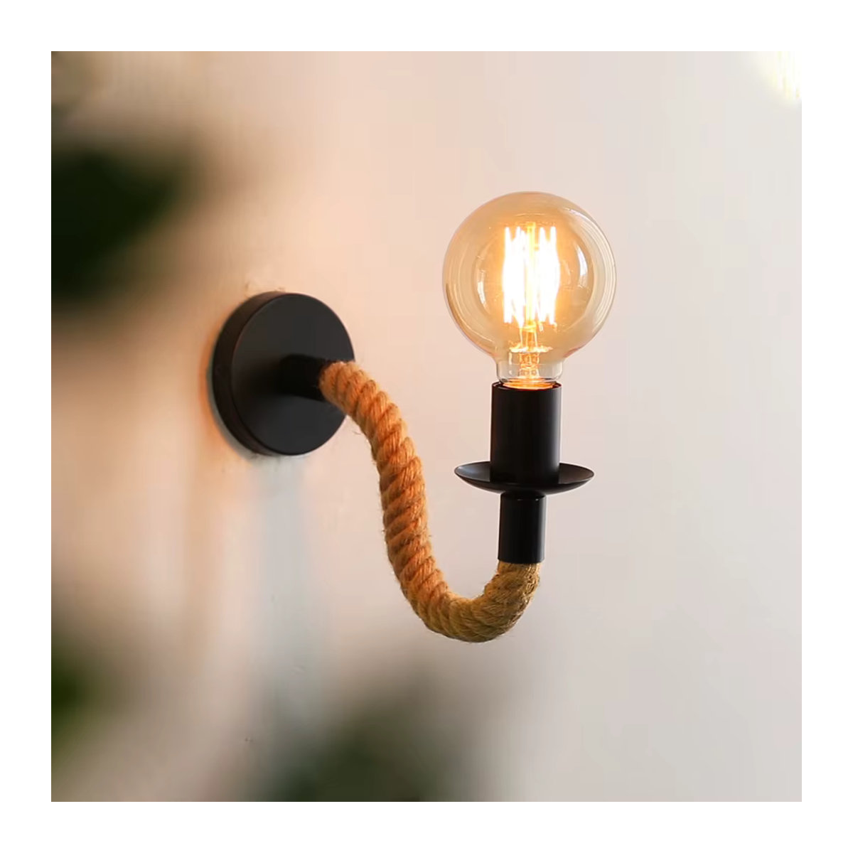 YNL Vintage Wandleuchte im Industrial Design mit Hanfseil und E27 Fassung, Schwarz - Bild 4