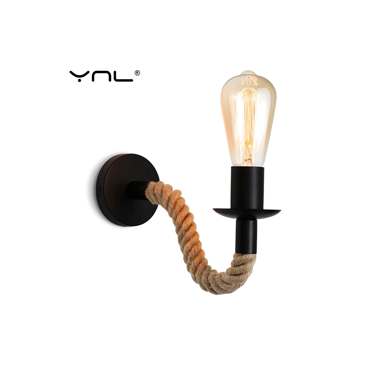 YNL Vintage Wandleuchte im Industrial Design mit Hanfseil und E27 Fassung, Schwarz - Bild 5