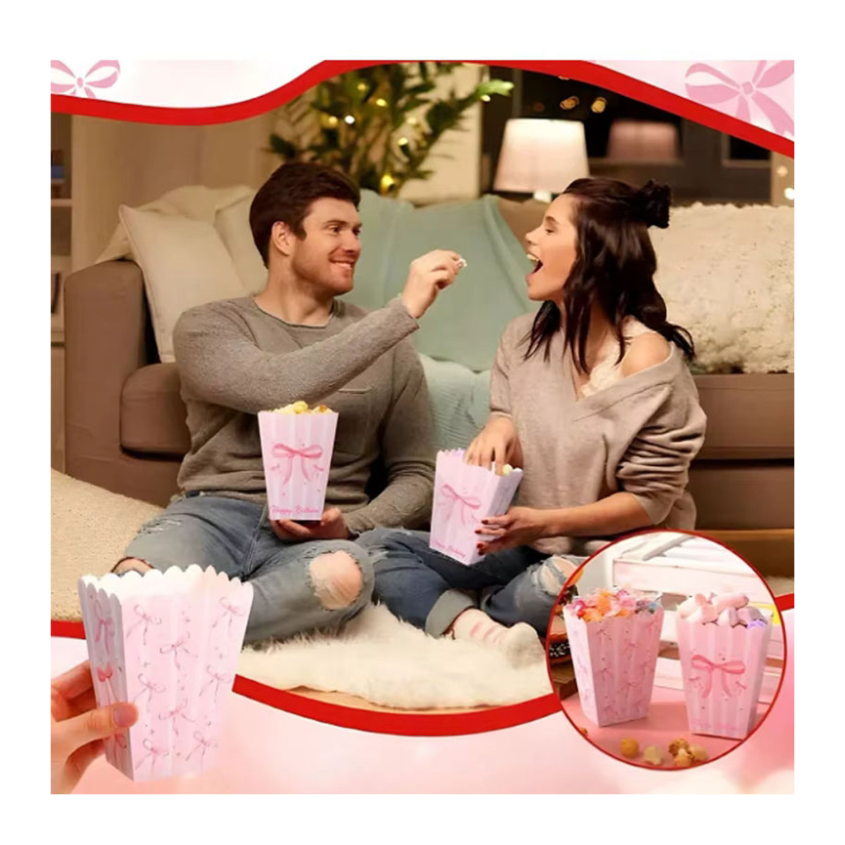 YOCITY Rosa Schleife Papier Popcorn Boxen für Kindergeburtstag und Weihnachten als Snack- und Candy Boxen - Bild 2