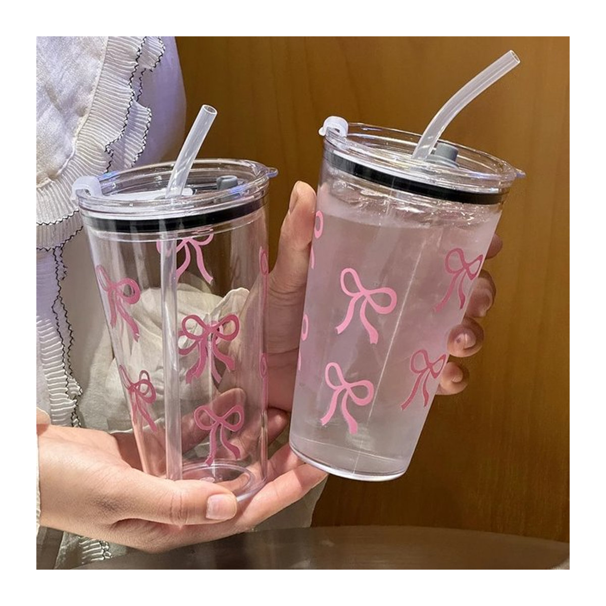 YOCITY Trinkbecher aus Kunststoff mit Stroh in Rosa, 500 ml, transparenter Kaffee- und Milchbecher für unterwegs - Bild 1