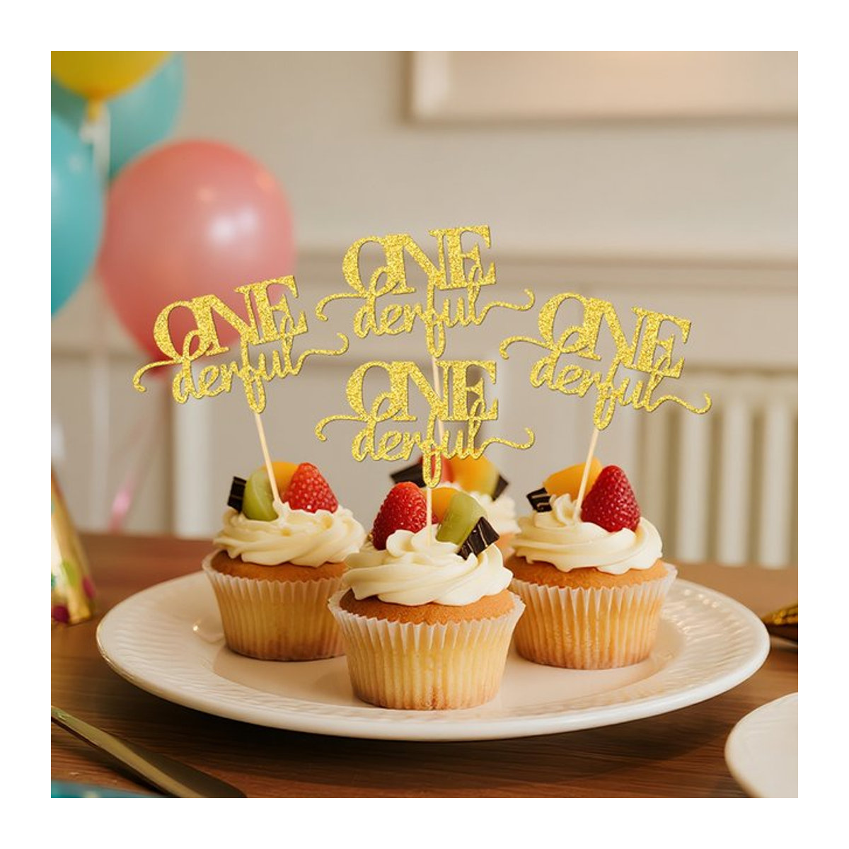 YOMDID 24 Stück Onederful Cupcake-Topper in Pink und Gold, glitzernde Kuchen-Topper aus Papier für Geburtstag und Babyparty - Bild 1