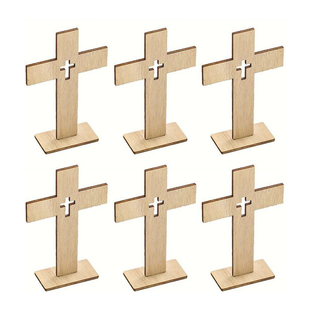 YOMDID 6er Set Holzkreuze in Braun als stehendes Kruzifix für christliche Anlässe wie Taufe und Erstkommunion als minimalistische Tischdekoration - Bild 1