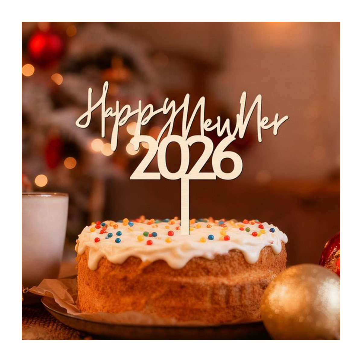 YOMDID Kuchen Topper Frohes Neues Jahr 2026 aus Holz in Braun und Beige - Bild 1