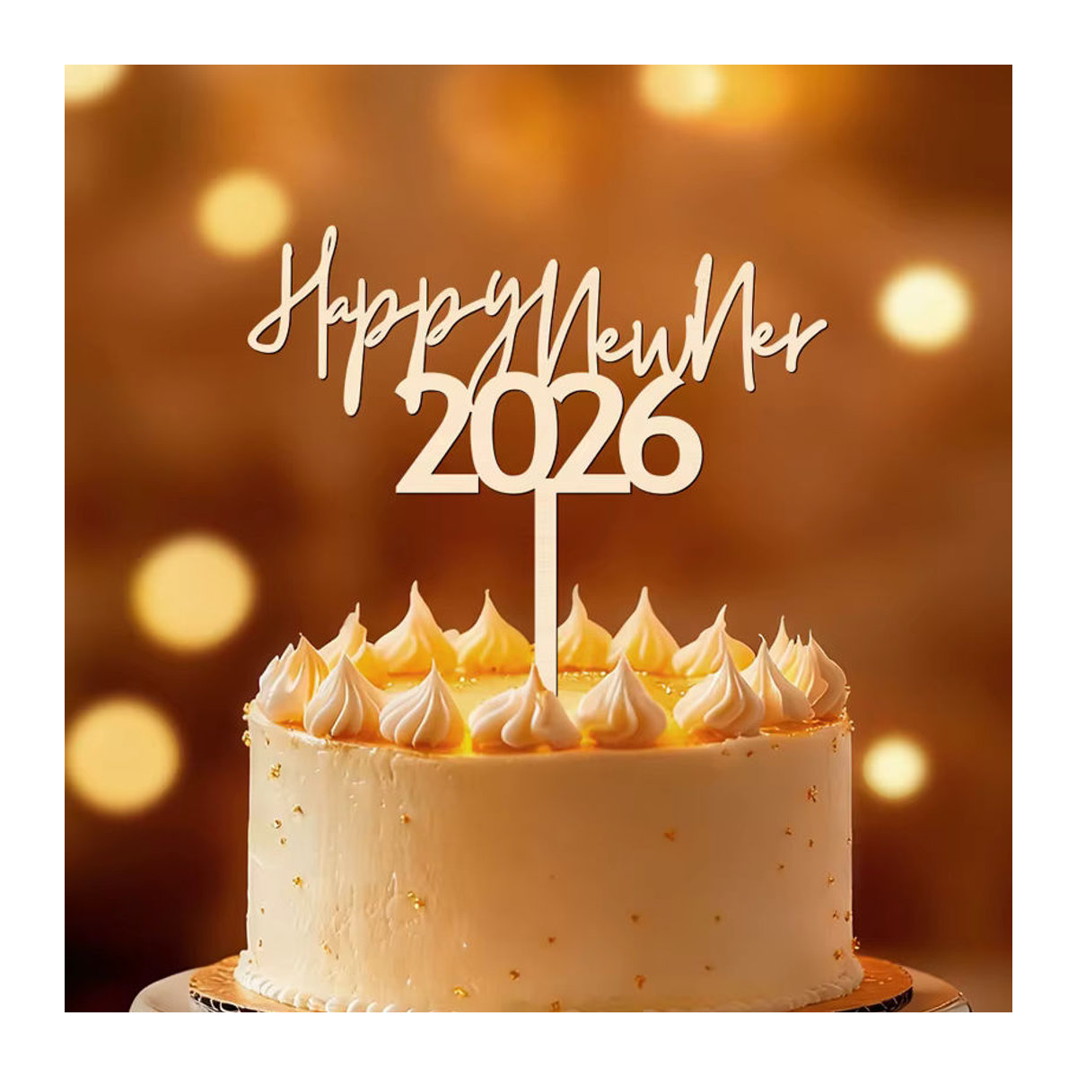 YOMDID Kuchen Topper Frohes Neues Jahr 2026 aus Holz in Braun und Beige - Bild 2