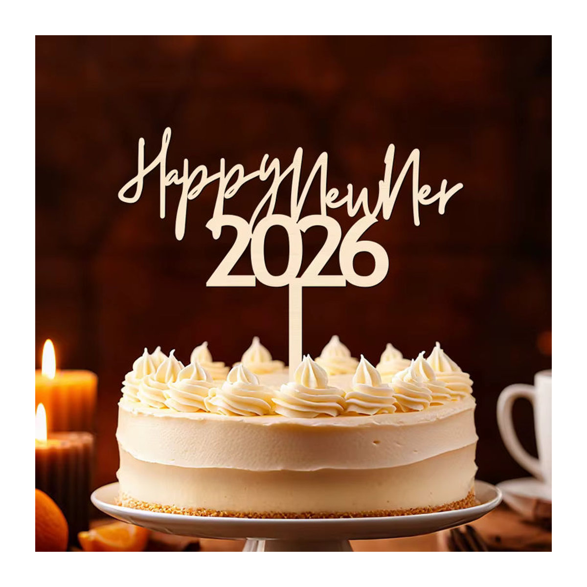YOMDID Kuchen Topper Frohes Neues Jahr 2026 aus Holz in Braun und Beige - Bild 3