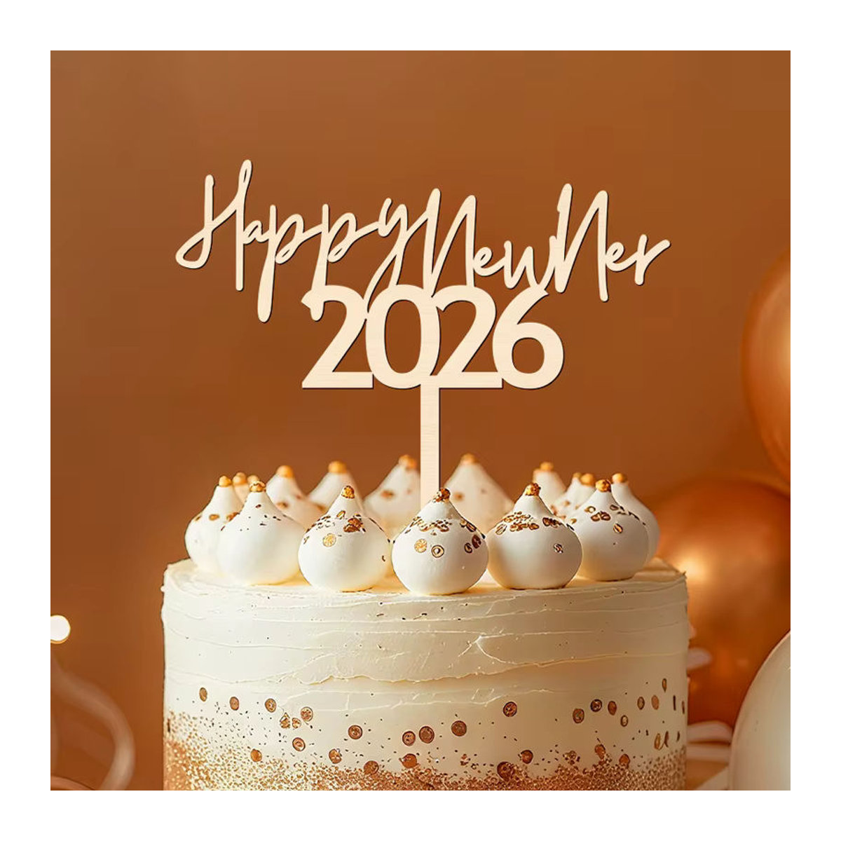 YOMDID Kuchen Topper Frohes Neues Jahr 2026 aus Holz in Braun und Beige - Bild 5
