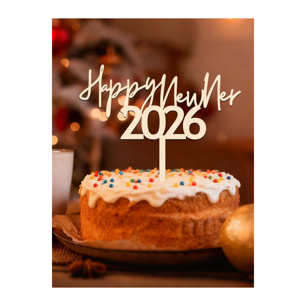 YOMDID Kuchen Topper Frohes Neues Jahr 2026 aus Holz in Braun und Beige - Bild 6