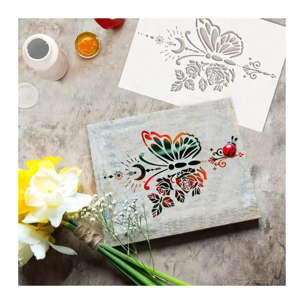 YOMDID Wiederverwendbare DIY Schablone mit Schmetterling, Rose, Sonne und Mond für Graffiti und Dekoration, Transparent - Bild 2