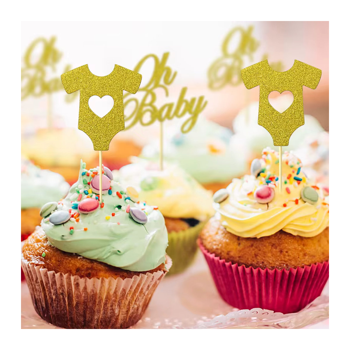 YONGSNOW 18er Set Baby Cake Topper in Gold Glitzer für Geburtstag und Gender Reveal Party - Bild 3