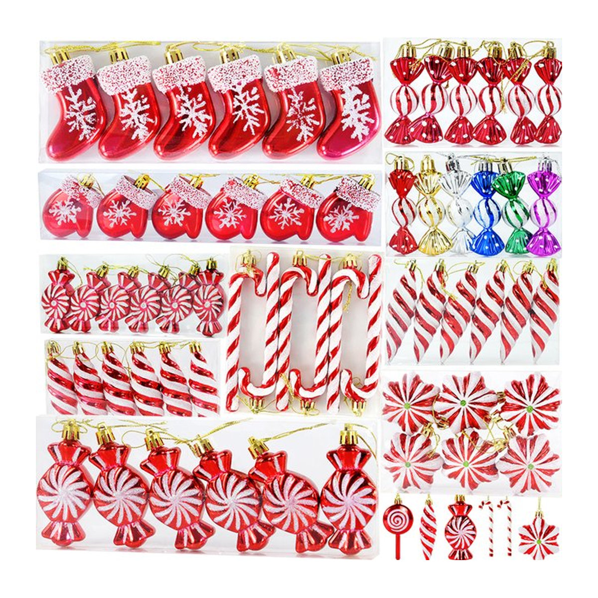YONGSNOW 6er Set Weihnachts-Hängeornamente in Rot mit Lutscher- und Cane-Design aus Kunststoff - Bild 1