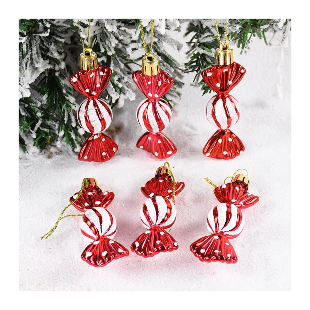 YONGSNOW 6er Set Weihnachts-Hängeornamente in Rot mit Lutscher- und Cane-Design aus Kunststoff - Bild 2