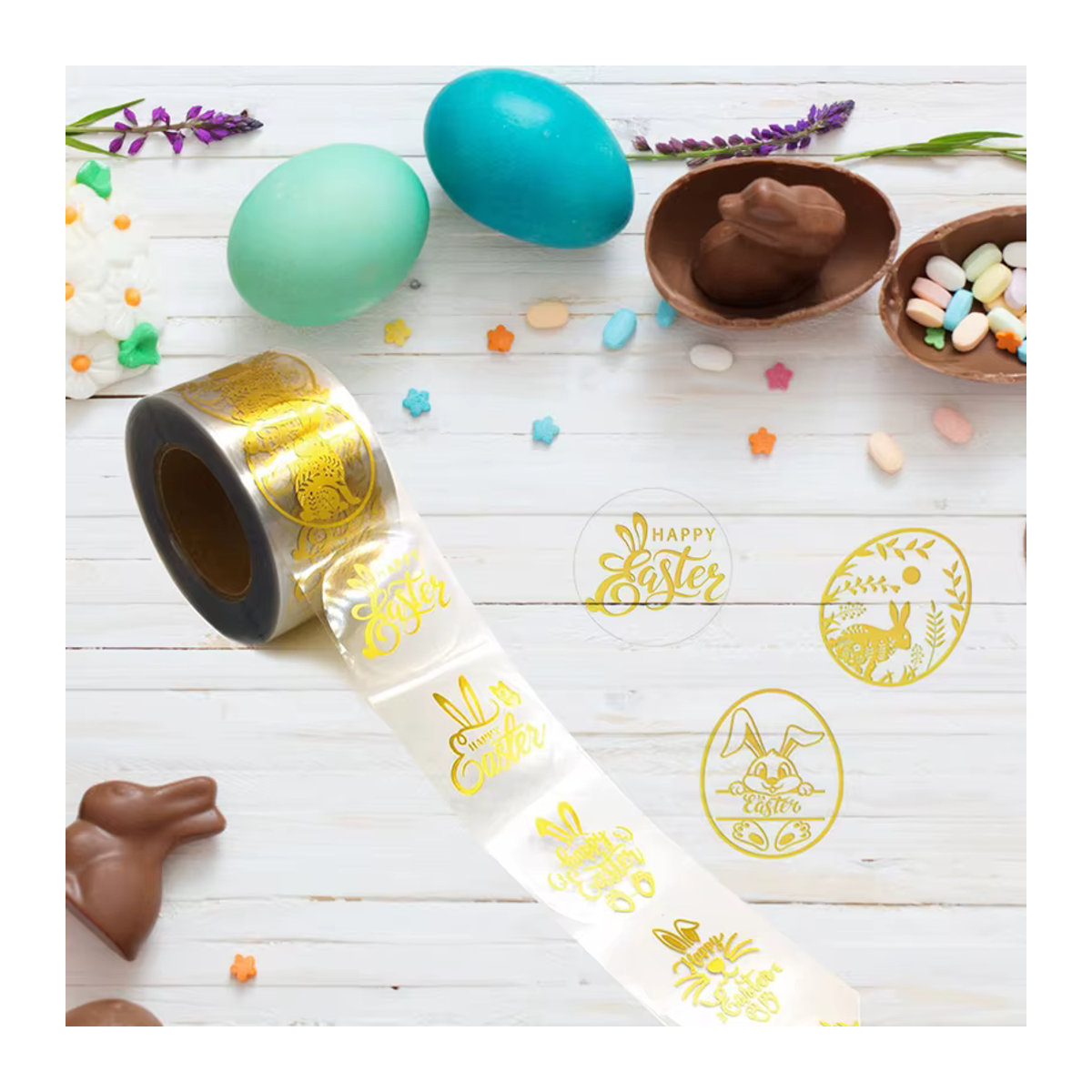 YONGSNOW Goldene Oster-Aufkleber mit Hasen und Eiern für DIY Deko und Geschenke, 500 Stück Papier-Siegeletiketten - Bild 5