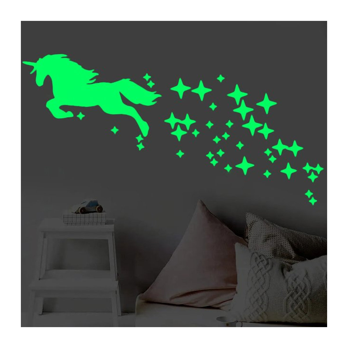 YONGSNOW Leuchtende Wandtattoos mit Einhorn und Sternen in Grün für das Baby- und Kinderzimmer zur DIY Wanddekoration - Bild 1