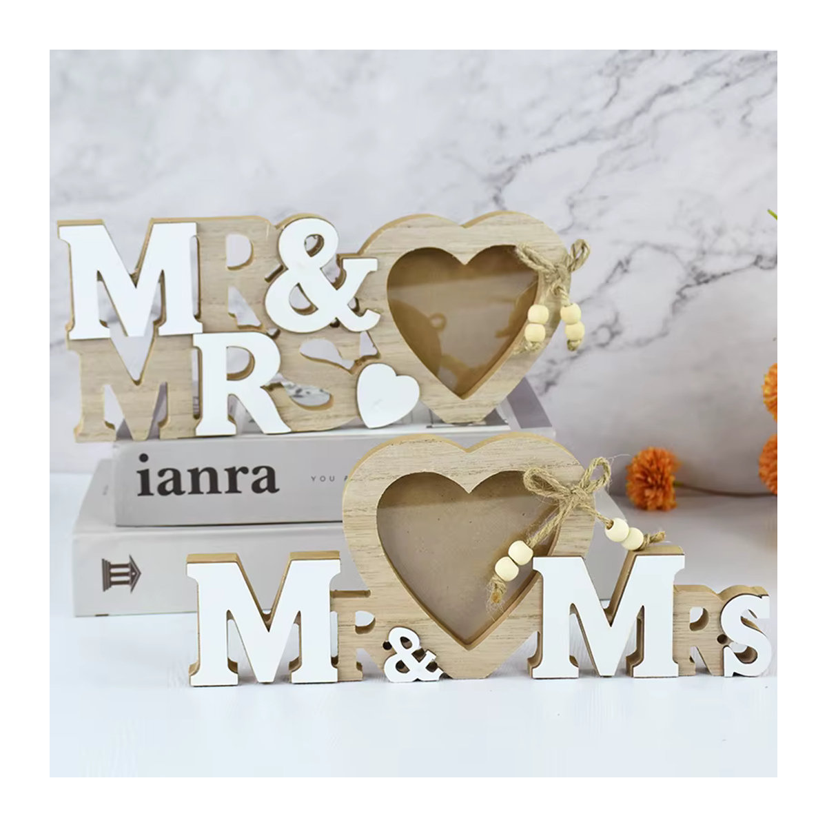 YONGSNOW Mr & Mrs Love Herz Fotorahmen aus Holz in Braun und Weiß für Hochzeit und Valentinstag als rustikale Tischdekoration - Bild 2